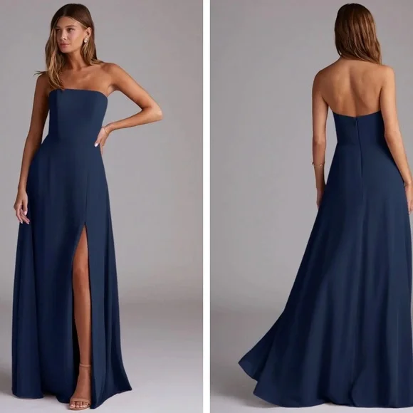 Azazie Wren Dark Navy A-Line Side Slit Chiffon Dress - Picture 1 of 13